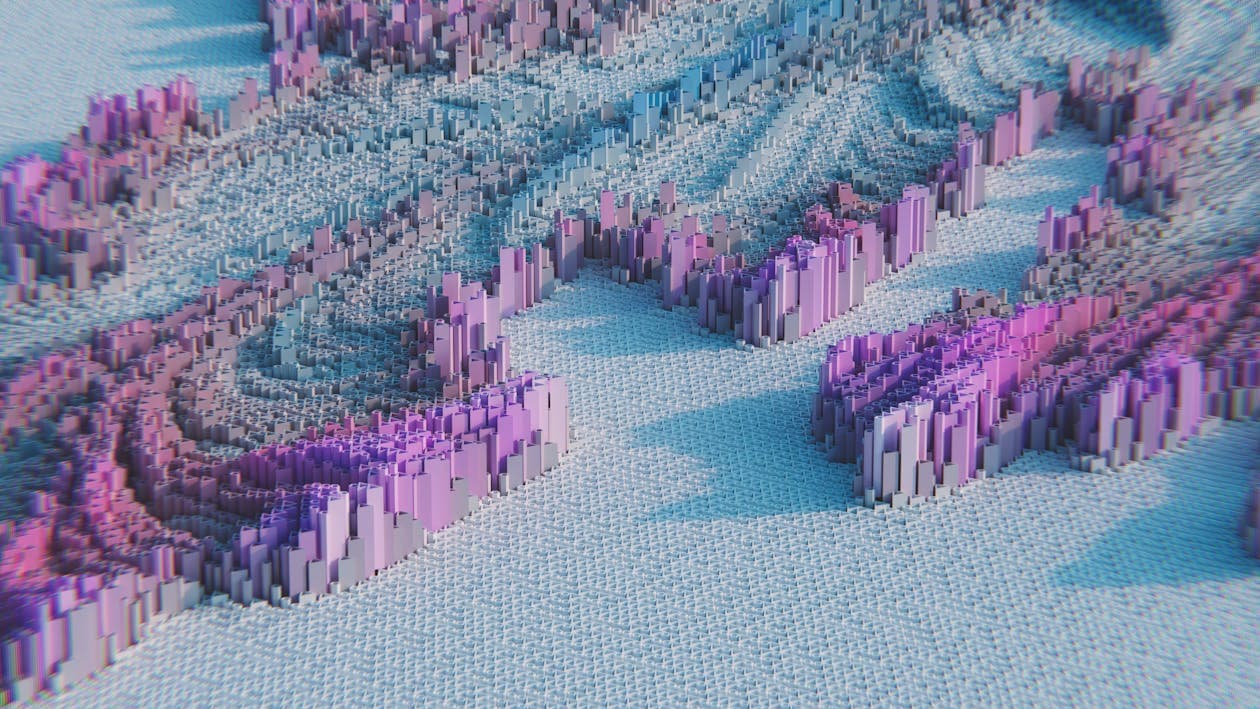 Ilustração abstrata de inteligência artificial com formas ondulantes em tons de violeta e azul representando redes neurais